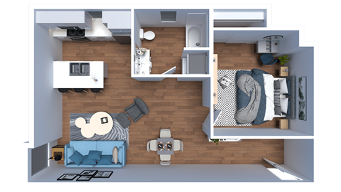 Floor plan for 1 bed, 1 bath, 705 sqft