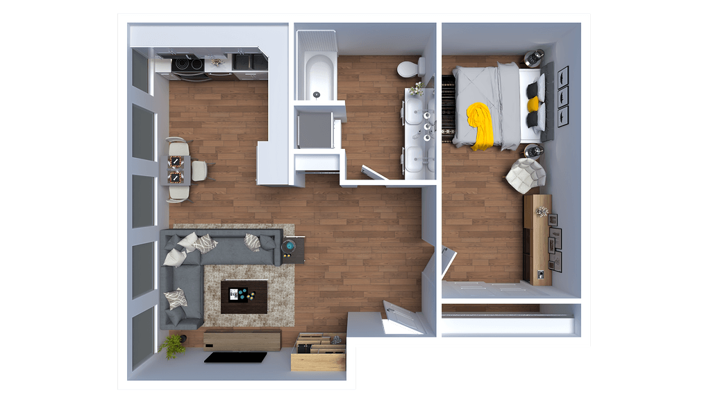 Floor plan for 1 bed, 1 bath, 612 sqft