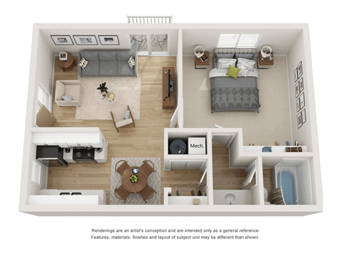 Floor plan for 1 bed, 1 bath, 675 sqft