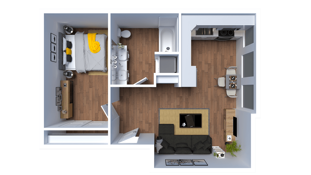 Floor plan for 1 bed, 1 bath, 541 sqft