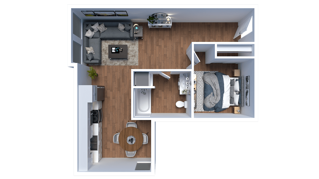 Floor plan for 1 bed, 1 bath, 584 sqft