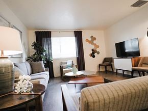 Clearfield apartment for rent - A living room with a grey couch, a wooden coffee table, and a television.