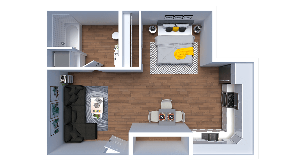 Floor plan for studio, 1 bath, 413 sqft