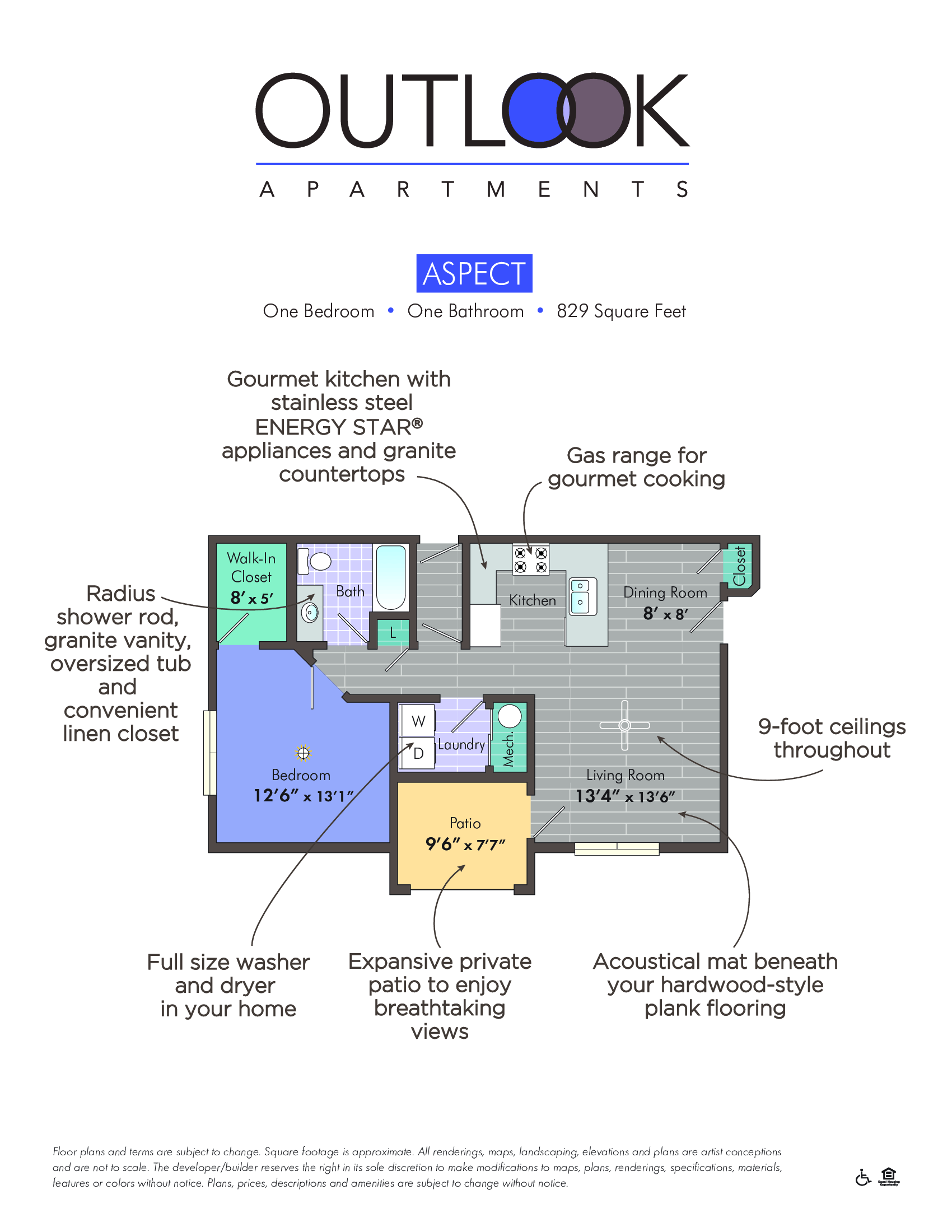 Floor plan for 1 bed, 1 bath, 829 sqft