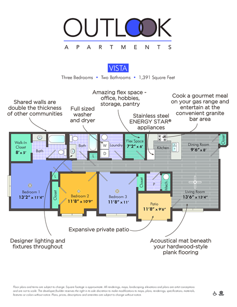 Floor plan for 3 beds, 2 baths, 1389 sqft