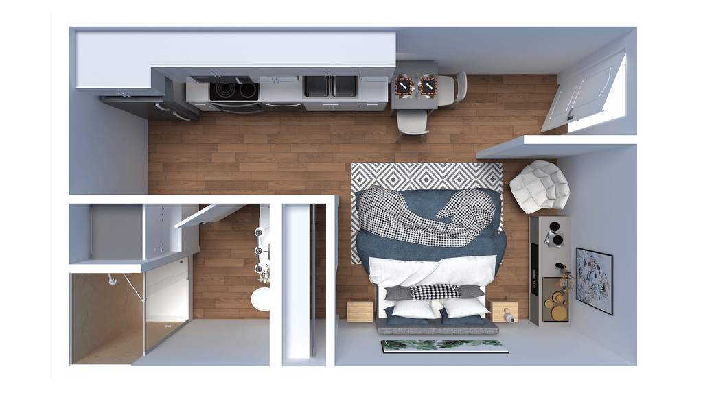 Floor plan for studio, 1 bath, 386 sqft