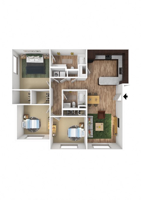Floor plan for 3 beds, 2 baths, 1224 sqft