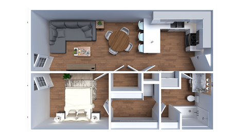 Floor plan for 1 bed, 1 bath, 644 sqft