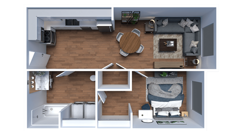 Floor plan for 1 bed, 1 bath, 637 sqft