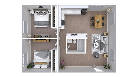 Floor plan for 2 beds, 1 bath, 878 sqft