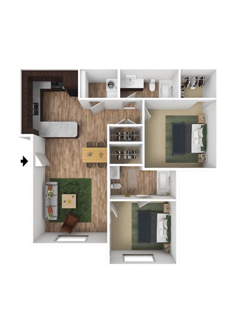 Floor plan for 2 beds, 2 baths, 978 sqft