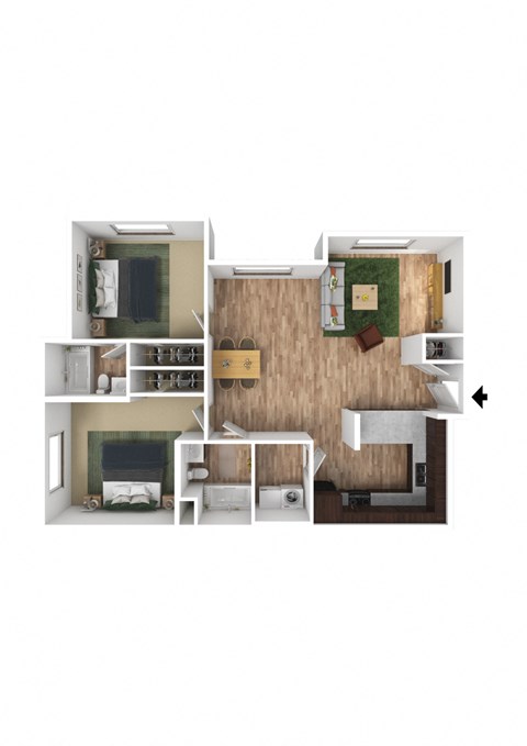 Floor plan for 2 beds, 2 baths, 1040 sqft