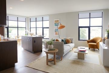Boston apartment for rent - A living room with a grey couch, a yellow chair, a wooden table and a white vase.