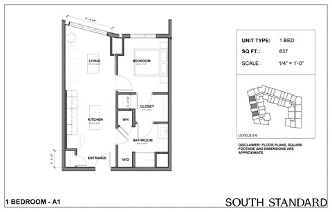 Floor plan for 1 bed, 1 bath, 637 sqft
