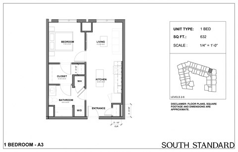Floor plan for 1 bed, 1 bath, 632 sqft