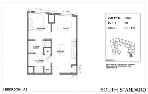 Floor plan for 1 bed, 1 bath, 658 sqft
