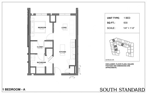 Floor plan for 1 bed, 1 bath, 630 sqft