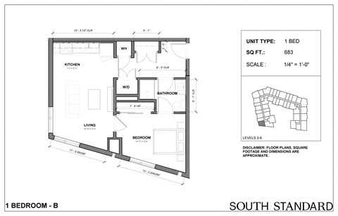 Floor plan for 1 bed, 1 bath, 683 sqft