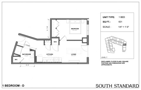 Floor plan for 1 bed, 1 bath, 631 sqft