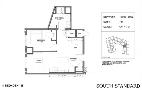 Floor plan for 1 bed, 1 bath, 731 sqft