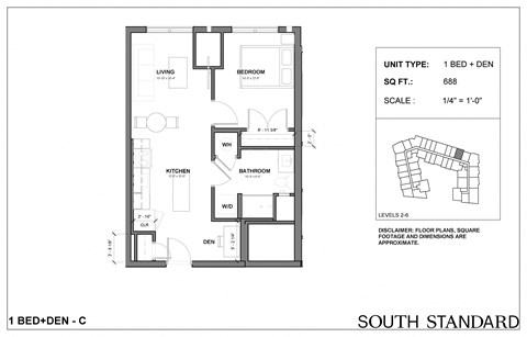 Floor plan for 1 bed, 1 bath, 688 sqft