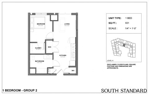 Floor plan for 1 bed, 1 bath, 631 sqft