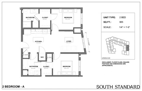 Floor plan for 2 beds, 2 baths, 965 sqft
