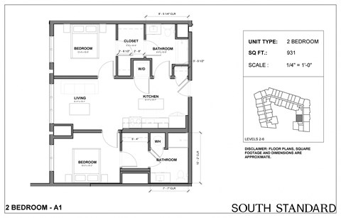 Floor plan for 2 beds, 2 baths, 931 sqft