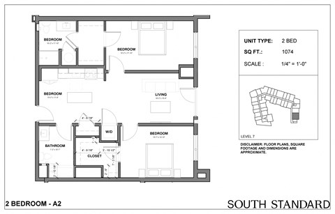 Floor plan for 2 beds, 2 baths, 1074 sqft