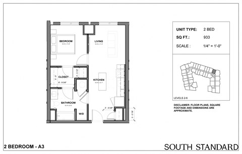 Floor plan for 2 beds, 2 baths, 933 sqft