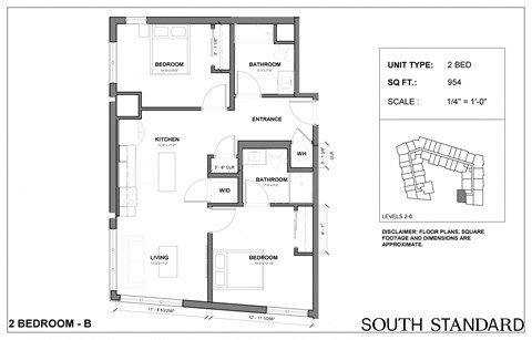 Floor plan for 2 beds, 2 baths, 954 sqft