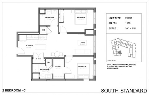 Floor plan for 2 beds, 2 baths, 1015 sqft