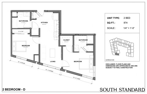 Floor plan for 2 beds, 2 baths, 874 sqft