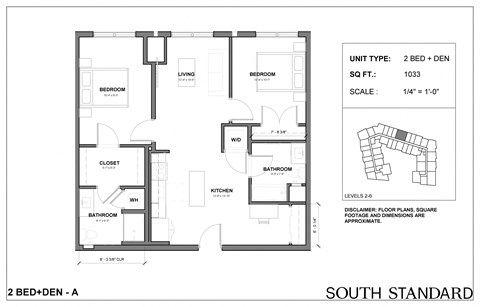 Floor plan for 2 beds, 2 baths, 1033 sqft
