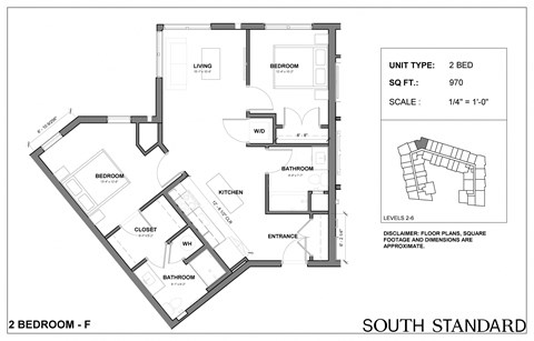 Floor plan for 2 beds, 2 baths, 970 sqft