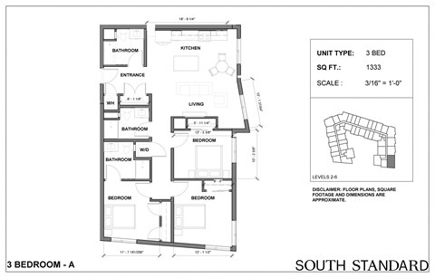 Floor plan for 3 beds, 3 baths, 1333 sqft
