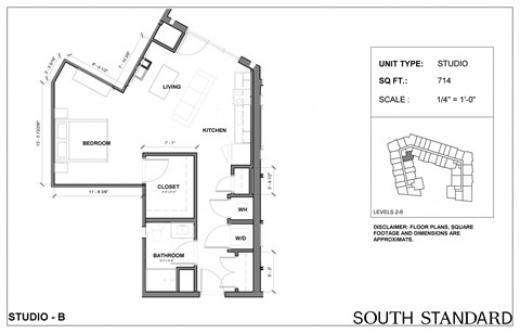 Floor plan for studio, 1 bath, 714 sqft