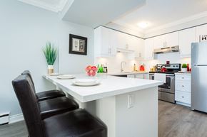 Hamilton apartment for rent - A white kitchen with a black chair and a fridge.