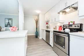Hamilton apartment for rent - A modern kitchen with white cabinets and a black stove top oven.