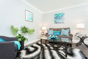 Hamilton apartment for rent - A living room with a grey couch and a zebra print rug.