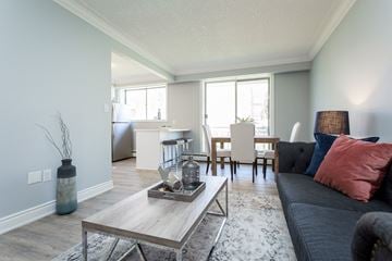 Hamilton apartment for rent - A living room with a grey couch and a coffee table.