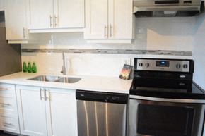 Hamilton apartment for rent - A modern kitchen with a stainless steel dishwasher and oven.