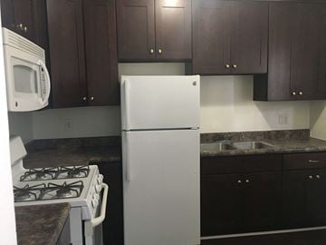 Los Angeles apartment for rent - a kitchen with a refrigerator and a sink and cabinets