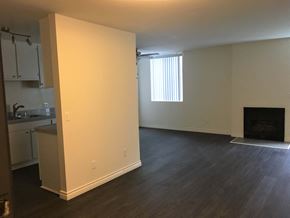 Los Angeles apartment for rent - an empty living room with a fireplace and a kitchen in the background