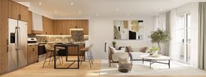 Bozeman apartment for rent - A modern kitchen with a dining table and chairs.