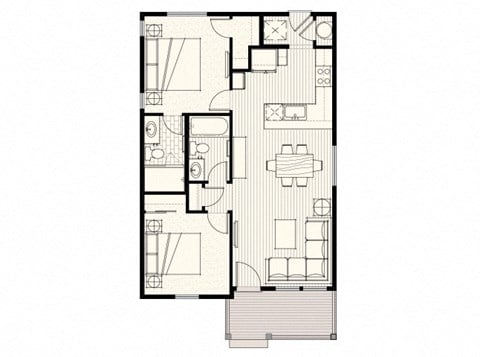 Floor plan for 2 beds, 2 baths, 828 sqft