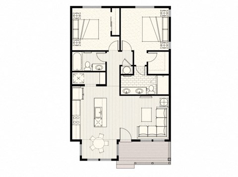 Floor plan for 2 beds, 2 baths, 960 sqft
