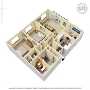 Floor plan for 2 beds, 2 baths, 1025 sqft