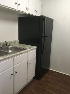 Fayetteville apartment for rent - A black refrigerator stands next to a sink in a kitchen.