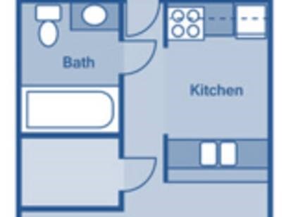 Floor plan for 1 bed, 1 bath, 640 sqft